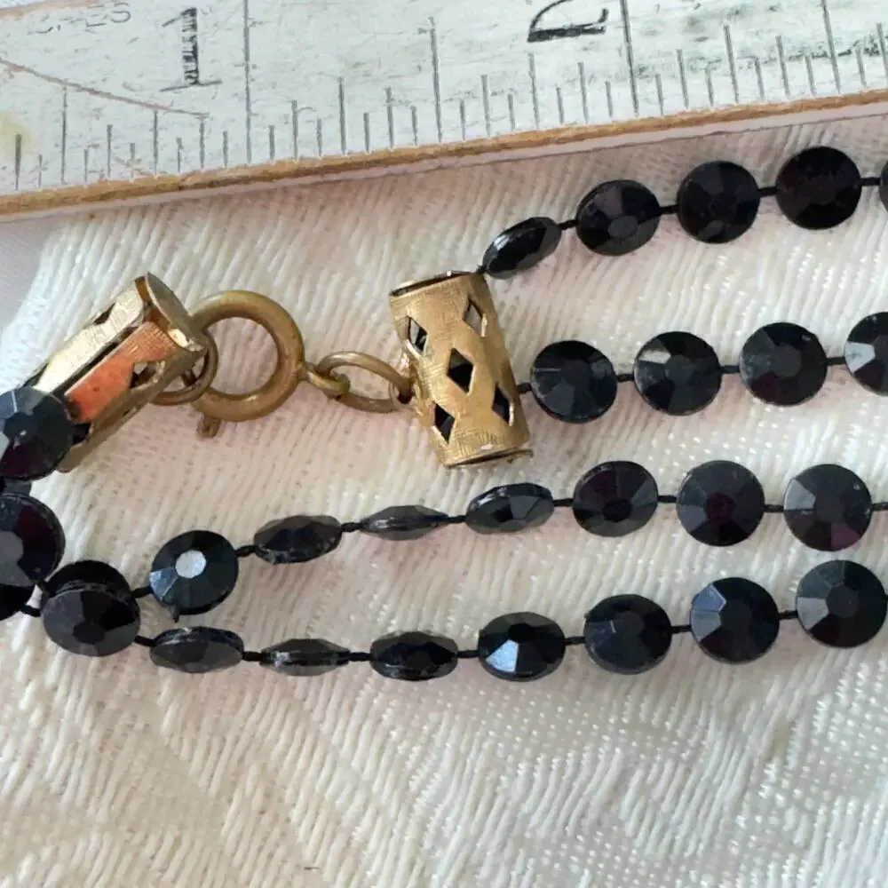 52” Black Lucite Disc Bead Double Strand Necklace Vintage 1960s Featherlight Mod